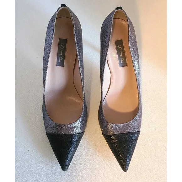 SJP SARAH JESSICA PARKER FAWN 70 GLITTER HEELS SPARKLE SILVER BLACK SZ EU 37.5 - Picture 4 of 10